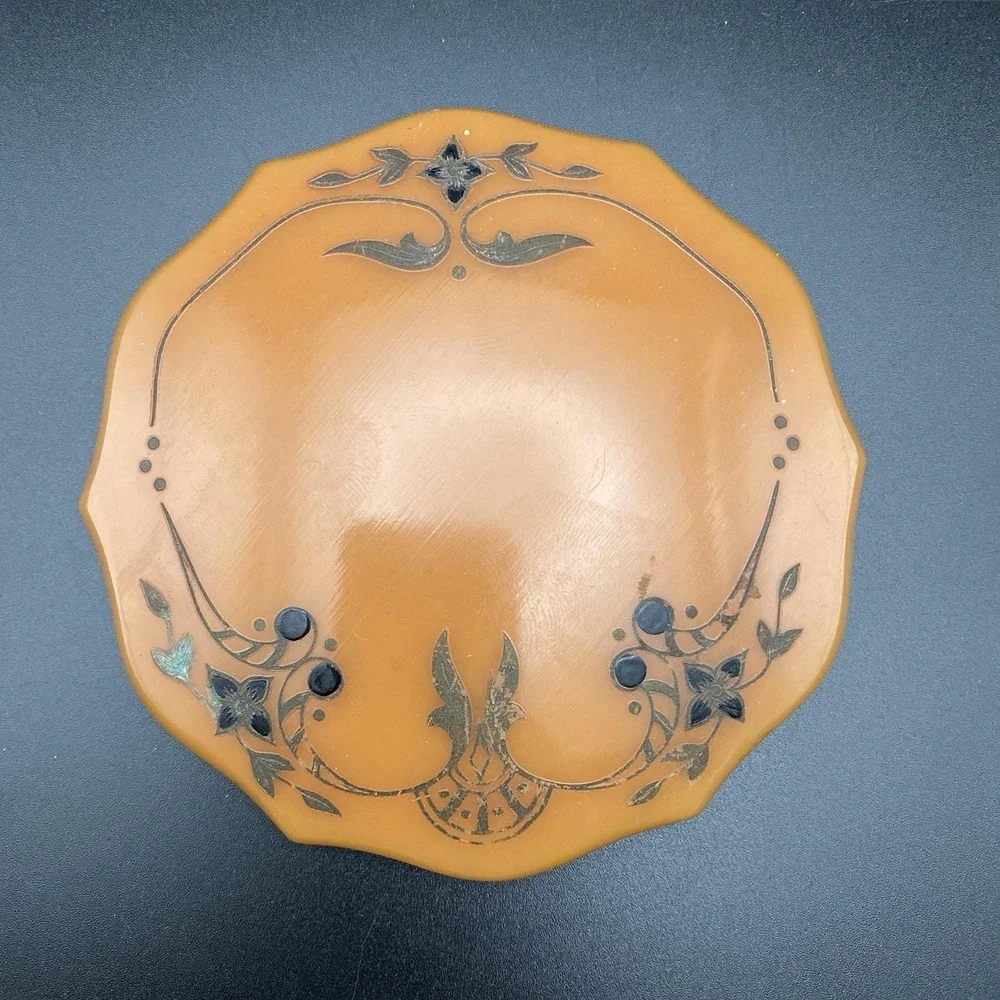 Vtg  Art Deco Glass Amber Vanity/Dresser Powder Jar Celluloid Decorative Lid